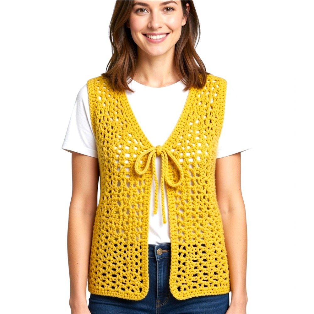 Handmade‎ Yellow Crochet Sweater Vest Boho Front Tie V-Neck Sleeveless Medium
